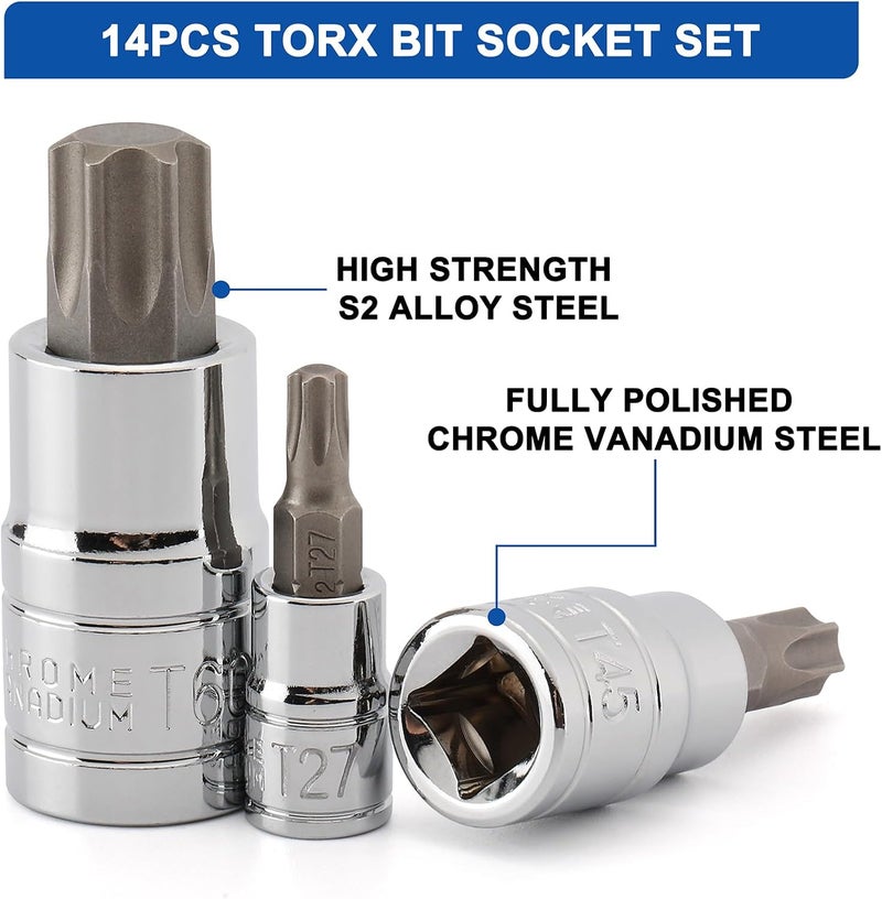 Mayouko 14PCS Torx Bit Socket Set, T6-T60, 1/4-Inch, 3/8-Inch and 1/2-Inch Drive, S2 and Cr-V Steel, Star Bits Socket Set - Image 3